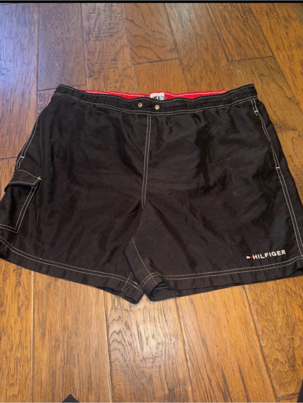 Tommy Hilfiger Men’s Black Cargo Swim Shorts with Red Waistband Accent